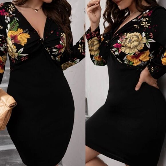 Plus size black floral print twist front dress - Picture 2 of 4